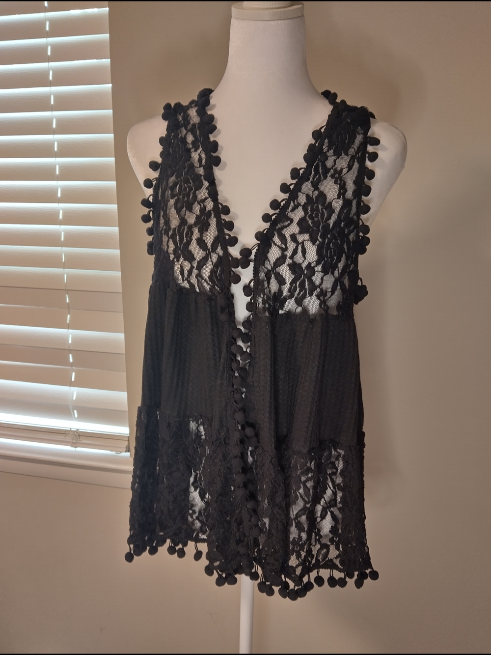 Sheer Black Lace Vest with Pom Pom Trim
